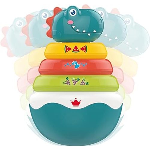 PlenPLAY Baby Tummy Time Toys - Dino Stacking Toys for Age 6+ Months, Weeble Wobble Toys for Babies 6 9 12 Months, Stacking Rings STEM Learning Toy, Sensory Learning Toy (Dinosaur), Small, Blue