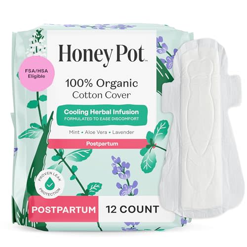 The Honey Pot Company - Herbal Postpartum Pads w/Wings - Infused w/Essential Oils for Cooling Effect, Organic Cotton Cover, & Ultra-Absorbent - Feminine Care - 12ct