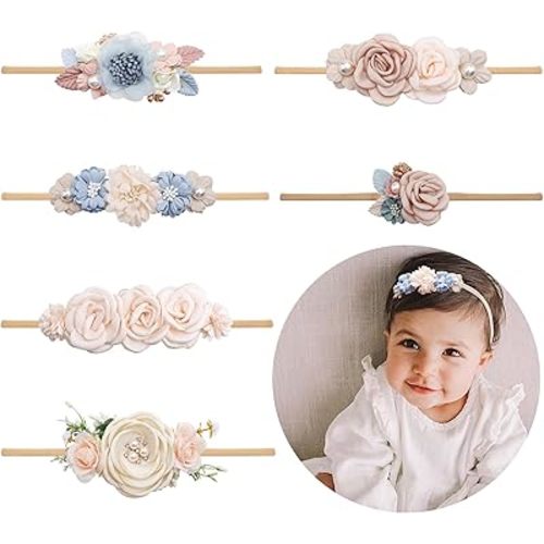 Baby Girl Flower Headband 6 PCS Elastic Hairbands Handmade Nylon Bows Headbands Chic Floral Hair Accessories Kids Gifts for Newborn Infant Toddlers