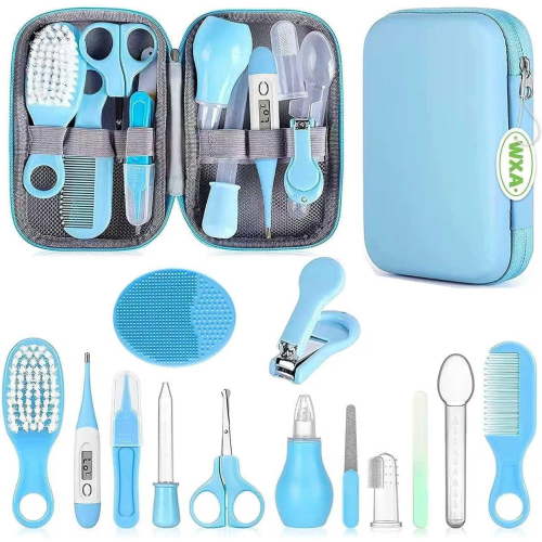 Baby Grooming Kit, Infant Safety Care Set with Hair Brush Comb Nail Clipper Nasal Aspirator for Newborn Girls Boys (Blue)