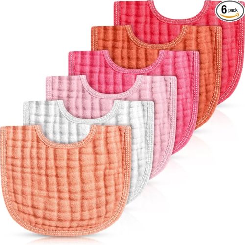 Frienda 6 Pcs Muslin Bibs Burp Cloths for Baby Teething Bandana Bibs 6 Absorbent Layer for Baby Boy Girl Cotton Burping Cloth(Pink Series)