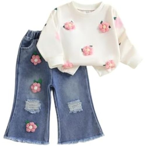 Userdefined Toddler Baby Girl Clothes Fall Long Sleeve Embroidered Sweatshirt Bell Bottom Jeans Pants Set Winter Outfit