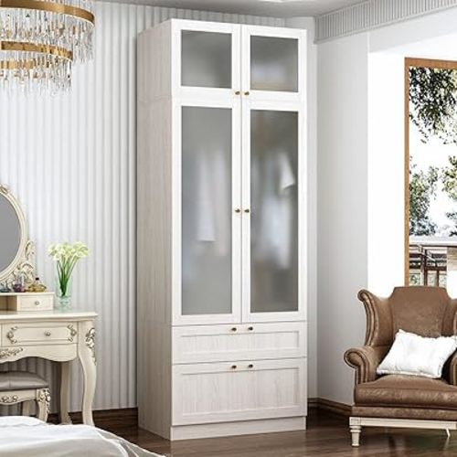 MOUMON 86.6" Wardrobe with Frosted Glass Doors & 2 Drawers, Armoire Closet with Hanging Rod, Top Storage, for Bedroom 31.5”W x 19.7”D x 86.6”H