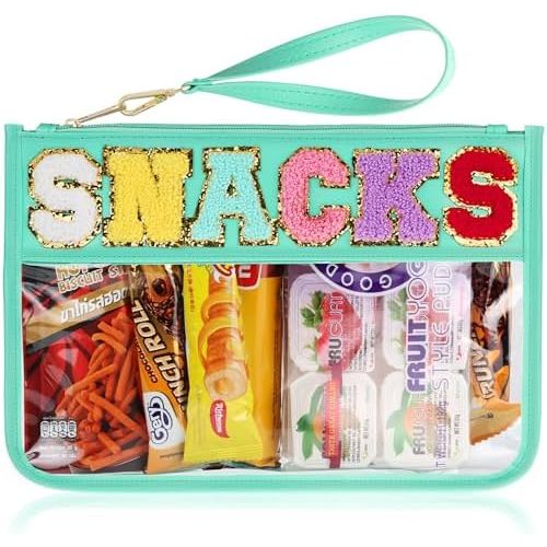 Snack Bag for Travel - Clear Chenille Varsity Letter Flat Pouch with Zipper, 12.2×8.46 inch Waterproof Clear Nylon Preppy Patch Makeup Cosmetic tote Bags for Women Girls