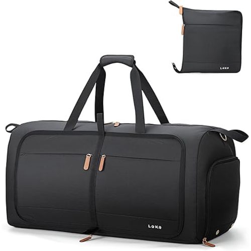 Lekesky Foldable Travel Duffle Bag for Women, 80L Large Duffel Bag with Separate Shoes Compartments & Straps, Carry On Weekend Bag for Women, Hospital, Overnight (Black)