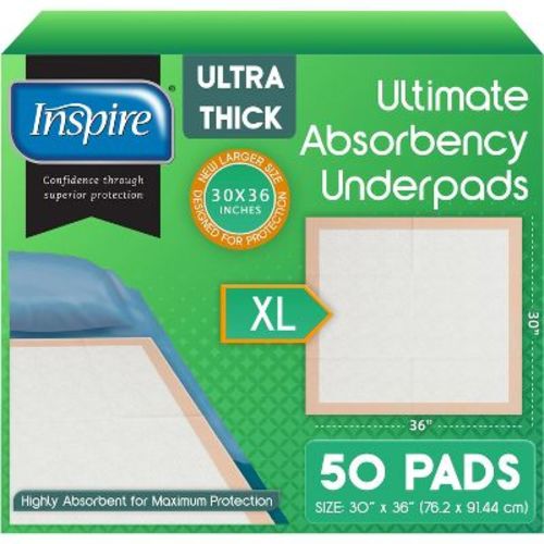 Inspire Extra Large Super Absorbent Disposable Bed Pads for Chronic Incontinence Ultra Thick and Absorbent Bed Pads ("30 X 36" 50 Pads)