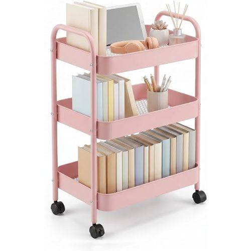 3-Tier Carbon Steel Rolling Cart for Dorm - Pink Utility Cart College Essentials with 360° Swivel Lockable Wheels, Book Cart Self Organizer for Girls Bedside Snack Storage