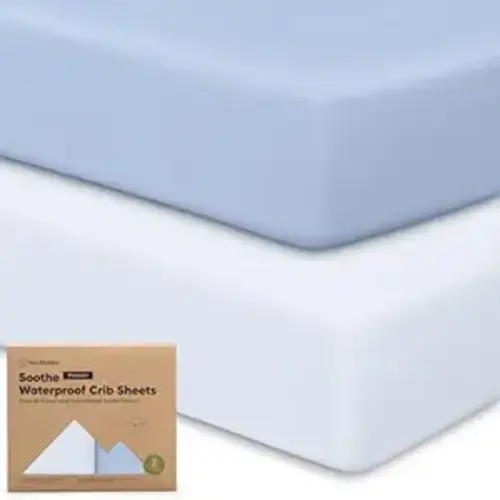 2-Pack Waterproof Crib Sheets for Boys, Girls - 52x28 Fitted Organic Cotton Baby Crib Sheets, Toddler Mattress Protector Cover, Washable, Soft & Durable Baby Bedding Essentials (Blue Flax)
