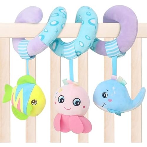 Caterbee Baby Stroller Toy, Activity Spiral Plush bar Toy Accessories, Car Seat Toys with Bell for boy or Girl 0 Months+ (Ocean)