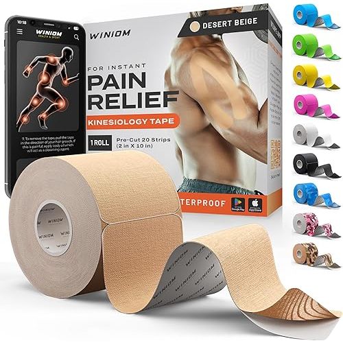 Kinesiology Tape - Waterproof Athletic Sports Tape for Knee, Shoulder, Arm & Back Support | 3-5 Day Adhesion, Hypoallergenic & Latex-Free + Taping Guide (Precut, 2"x16.4ft Roll, Desert Beige)