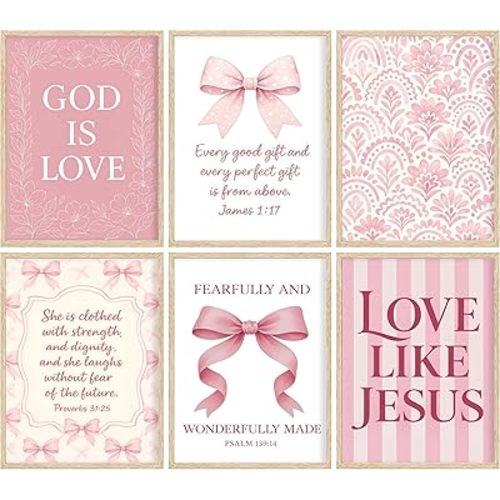 6pcs Pink Christian Canvas Wall Art Pink Bow Jesus Bible Verses Painting Picture Decor Cute Preppy Scripture Flower Poster Print Artwork for Nursery Girls Room Bedrooms Grils Gifts Unframed