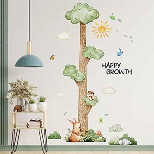 3D Cartoon Height Growth Chart for Kids Wall Stickers Removable DIY Jungle Animals and Plants Height Sticker Peel and Stick Sun White Clouds Wall Art Decor for Nursery Kids Bedroom Living Room
