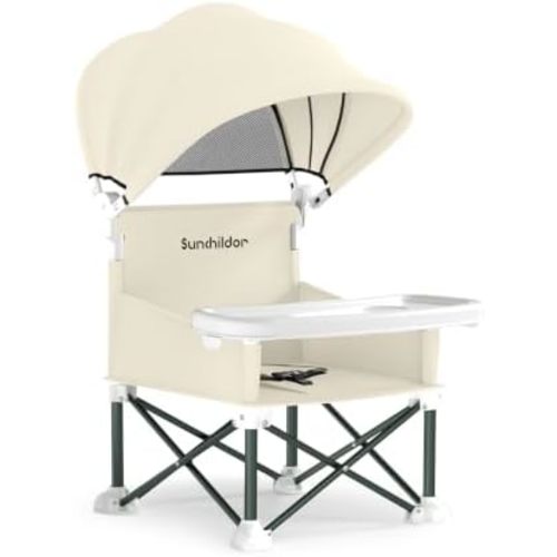Portable Baby Booster Seat with Removable Tray & Canopy - 3 Point Safety Harness, Compact Fold for Travel, Indoor Outdoor Use for Infants & Toddlers, Beige