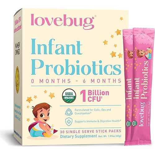 LOVEBUG Infant Probiotics 0-6 Months - USDA Organic Probiotics for Babies, Supports Baby Gas, Colic, Diarrhea and Newborn Constipation Relief, Allergen & Sugar Free, Tasteless Powder, 30 Pack