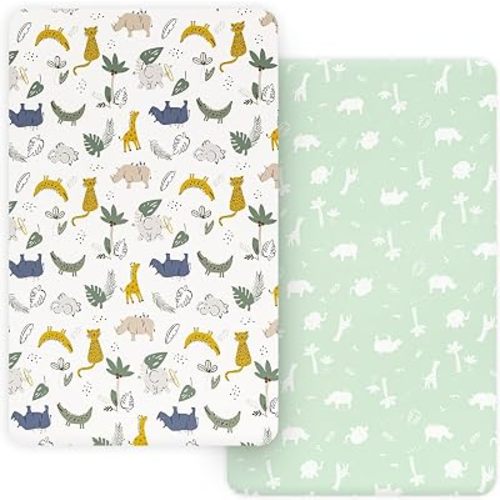 PHF Soft Mini Crib Sheet Set, 2 Pack Silky Comfy Pack N Play Sheets for Boys Girls, Universal Fit for Pack N Play, Playard and Mini Crib Mattresses, Forest & Animal