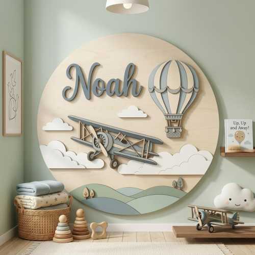 Hot Air Balloon Nursery Name Sign Personalized Wooden Baby Name Sign Blue Nursery Decor Baby Boy Gift Custom Wood Wall Art Star Cloud Decor