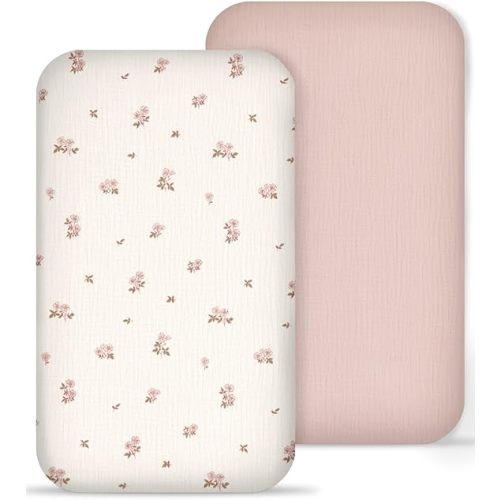 Muslin Bedside Bassinet Sheets 2 Pack, 33x20 Fitted Ultra Soft & Breathable Bedside Sleeper Sheets, Ideal for Baby Girl and Boy, Perfect for Newborns (Vintage Blossom & Pink)