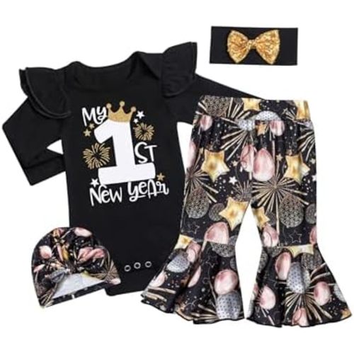 My First New Years Baby Girl Outfit 2026 Baby Girl Ruffle Romper Fireworks Flared Pants Headband 4 Pcs