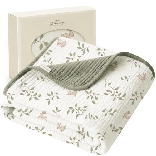 Konssy 100% Cotton Muslin Baby Blanket for Girls Boys, 40"x36" | Soft & Lightweight, 4-Layer Muslin, for Receiving, Swaddling, Crib, Stroller & Nursery, Newborn to Toddler (Rabbit)