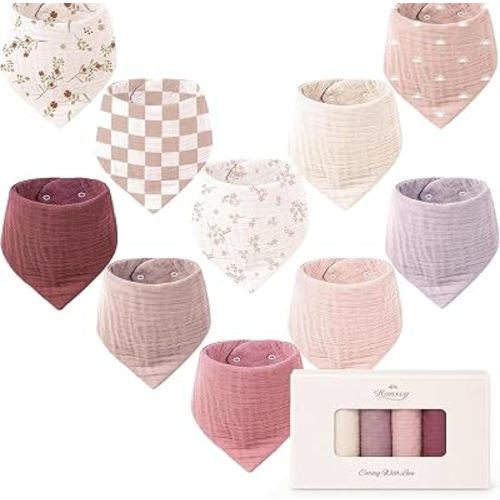 Konssy 10 Pack Baby Muslin Bandana Bibs for Drooling and Teething | 100% Cotton, 6-Layer Bibs, Pre-Washed Soft & Absorbent, Adjustable Neck Fit, Boys & Girls 0-36M