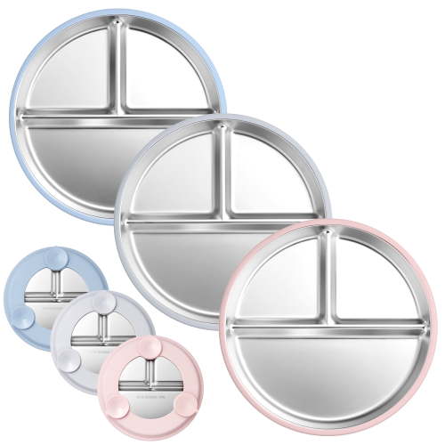 Vesteel 3-Piece Stainless Steel Toddler Plate with Suction, 9" Divided Dinner & Snack Plates with Removable Silicone Sleeves for Kids, Non Slip & Dishwasher Safe, Blue/Grey/Pink