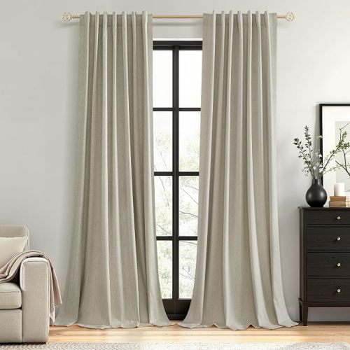 100% Blackout Linen Curtains for Bedroom 84 inches Long, Thermal Insulated Room Darkening Black Out Drapes for Living Room, Back Tab Rod Pocket 2 Panels Set,Ecru,52x84
