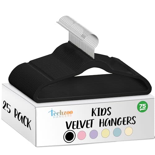 25 Premium Kids Velvet Hangers - 14" Non-Slip Clothes Hangers for Kids & Preteens - Ultra Slim, Space-Saving, Strong & Durable Hangers with 360° Swivel Hook - Black