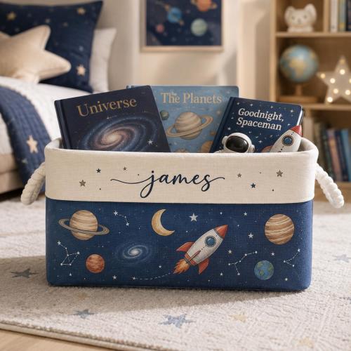 Personalized Space Toy Storage Basket for Boys, Custom Nursery Organizer Bin, Baby Shower Gift, Rocket Room Decor, Book Basket