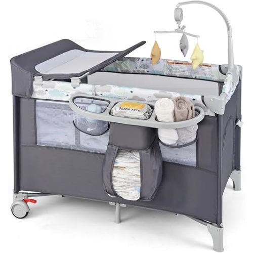 BABY JOY 5-in-1 Pack and Play, Portable Baby Bedside Sleeper with Bassinet, U-Shaped Diaper Changer, Safety Strap, Side Zipper Entrance, Hangings, Bedside Crib Playard from Newborn to Toddlers (Gray)