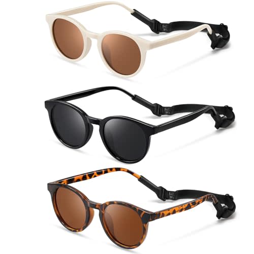 Vcarsian Cute Kids Polarized Sunglasses,Baby Sun Glasses with Strap for Toddler Girls Boys Flexible Round UV Protection