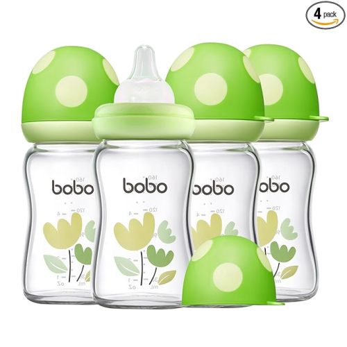 YOHKOH Natural Glass Baby Bottle with Level 1 Slow Flow Nipple, Newborn Anti-Colic Baby Bottles, Wide Neck Mushroom Baby Glass Bottle (Green, (5.4oz (Pack of 4))