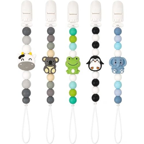 5 Pack Baby Pacifier Clips, 90° Foldable Clip with Gripping Ridges, Cute Cartoon Decor Pacifier Holders for Baby Boys & Girls (Multicolor 8)