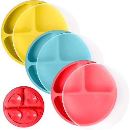 WeeSprout Suction Plates with Lids for Babies & Toddlers - 100% Silicone, Dinnerware Stays Put, Divided Design for Picky Eaters, Microwave & Dishwasher Friendly, 3 Pack