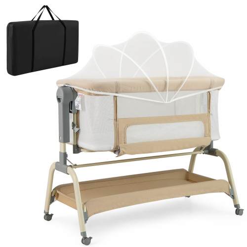 Baby Joy Portable Bedside Sleeper Bassinet with Net and Adjustable Heights - Beige