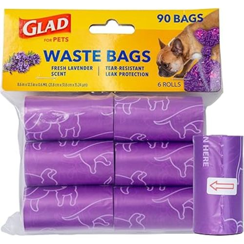 Glad for Pets Scented Waste Bags, Tear Resistant Pet Poop Pick-up Bags with Leak Protection, Fresh Lavender Scent, Purple Designs, 6 rolls, 90 bags total