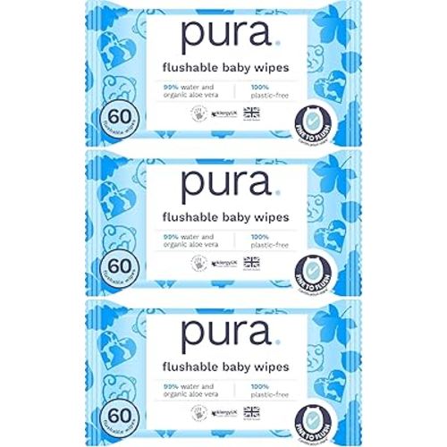 Pura Eco Flushable Baby Wipes - 3 Pack (60 Wipes) 100% Plastic Free, 99% Water, Suitable for Sensitive, Eczema Prone Skin, Newborn Baby & Toddlers, Biodegradable, Vegan, Potty Training : Amazon.co.uk: Baby Products