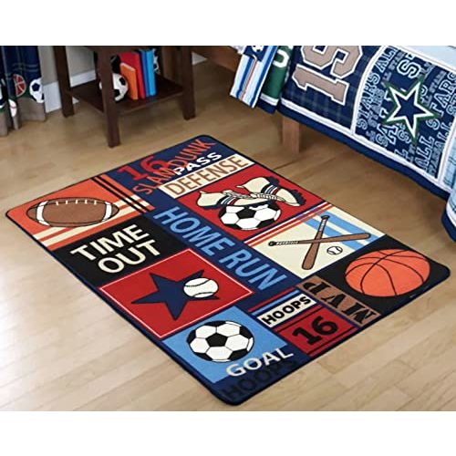 Fun Sport Kids Rugs Nylon Carpet Soccer Baseball Football Basketball with Multi-Color for Boy Girl Playroom 39''x51''