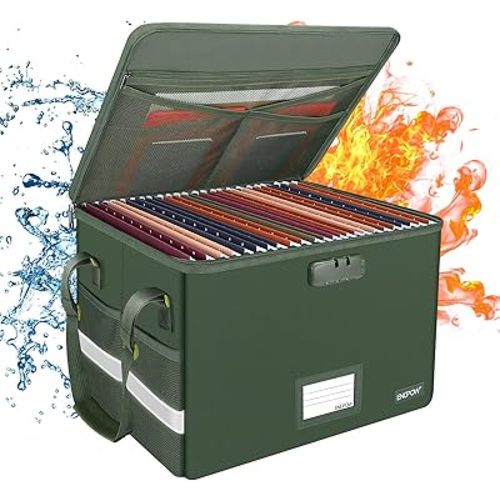 ENGPOW File Box with Lock, Fireproof Document Box with Zipper Lid, Collapsible File Storage Organizer Filing Cabinet with Handle, Portable Home Office Safe for Hanging Letter/Legal Folders, Green