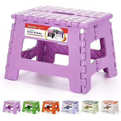 ACSTEP 9 Inch Folding Step Stool 300 LB Capacity Plastic Foldable Step Stools for Kids and Adults, Folding Stool Suitable for Kitchen, Stepping Stool with Handle Light Purple Small Step Stool 1PC