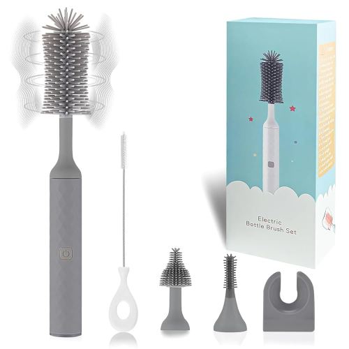 Electric Bottle Brush, 4 Piece Bottle Brush Set with Baby Bottle Brush Cleaner, Nipple Brush, Pacifier Cleaner, Straw Cleaner Brush, Gifts for Newborns and Mothers, Grey