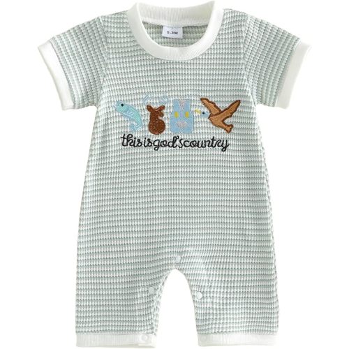 Bagilaanoe Baby Boy Summer Striped Romper Fashionable Fish/Construction Vehicle Embroidery Short Sleeve Jumpsuits