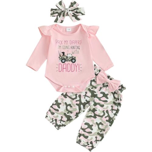 Bagilaanoe Fall Outfit Newborn Baby Girl Clothes Ruffle Long Sleeve Romper Camouflage Pants Headband Hunting Clothes