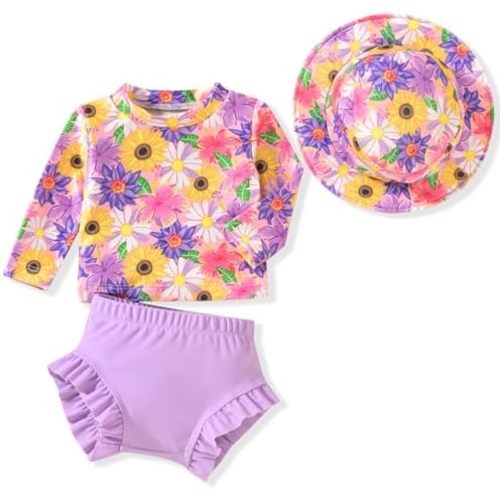 HINTINA Newborn Baby Girl Long Sleeve Swimsuit Bathing Suit with Hat