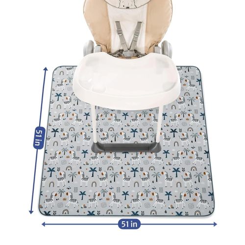 Blissful Diary Baby Splat Mat for Under High Chair, 51 x 51 Inch Splash Mat, Waterproof and Washable Spill Mat, Anti-Slip Floor Protector, Gray Zebra