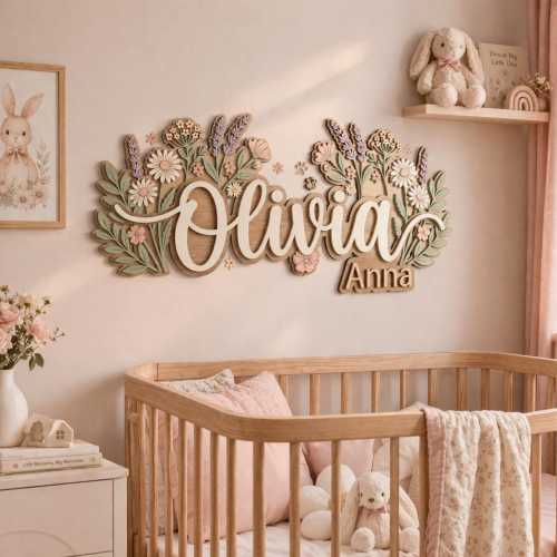Personalized Wildflower Name Sign, Floral Nursery Decor, 3D Wood Baby Name Sign, Floral Kids Name Plaque, Boho Baby Girl Room Decor