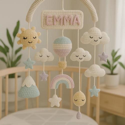 Personalized Crochet Baby Mobile with Name – Pastel Sun, Clouds, Stars, Hot Air Balloon & Rainbow Nursery Mobile for Charming Keepsake Gift!