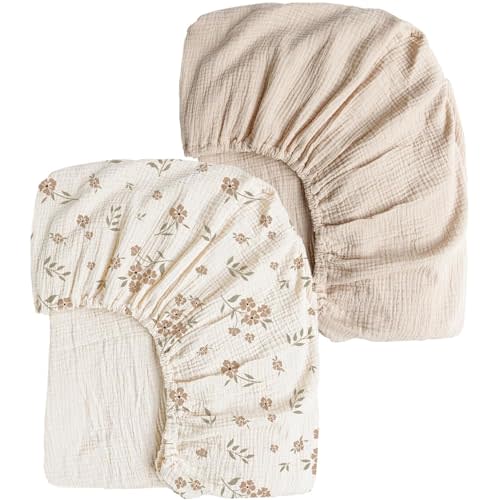 Konssy Muslin Crib Sheets for Girl Boy, 2 PCS Soft and Breathable Cotton Baby Sheets for Standard Crib Mattress, 52"x 28" (Blossom, Cream)