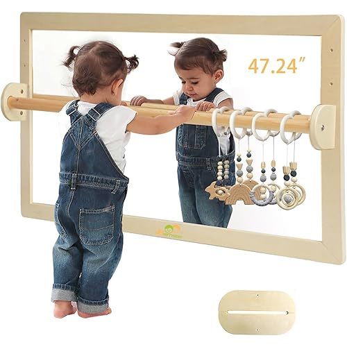 Infant Coordination Mirror Montessori Safety Pull up Bar Baby Mirror Acrylic Non-Glass Early Learning to Walk Mirror Upgrade Dual-Use with Base 47.24”