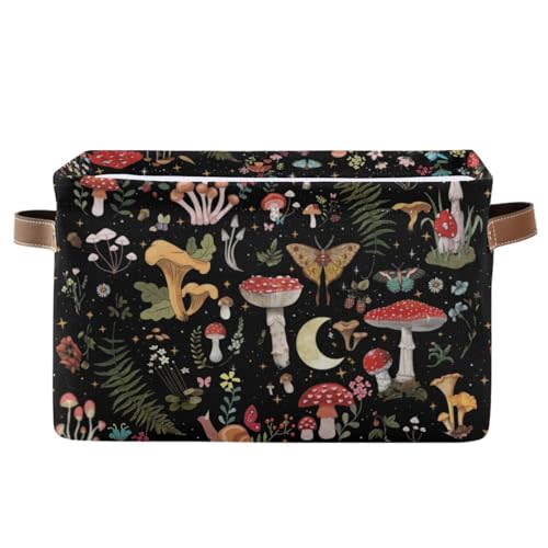 Mushroom Gothic Witch Storage Basket Bin for Shelves Closet Fern Leaves Foldable Fabric Storage Box Cube with Handles Kids Gifts Toy Clothes Shelf Basket Organizer for Bedroom Nursery Home Decorative