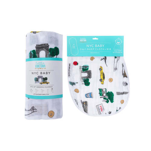 Gift Set: New York City Baby Muslin Swaddle Blanket and Burp Cloth/Bib Combo